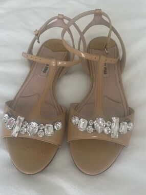 Miu Miu Nude Patent T-Strap Sandals with Crystal Accents
